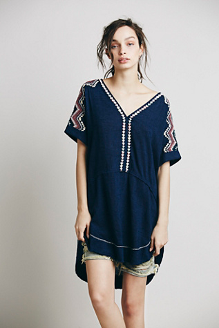 Free People Womens Embroidered Short Sleeve Pocket Tunic