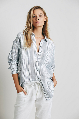 Free People Womens Stripe Boyfriend Shirt